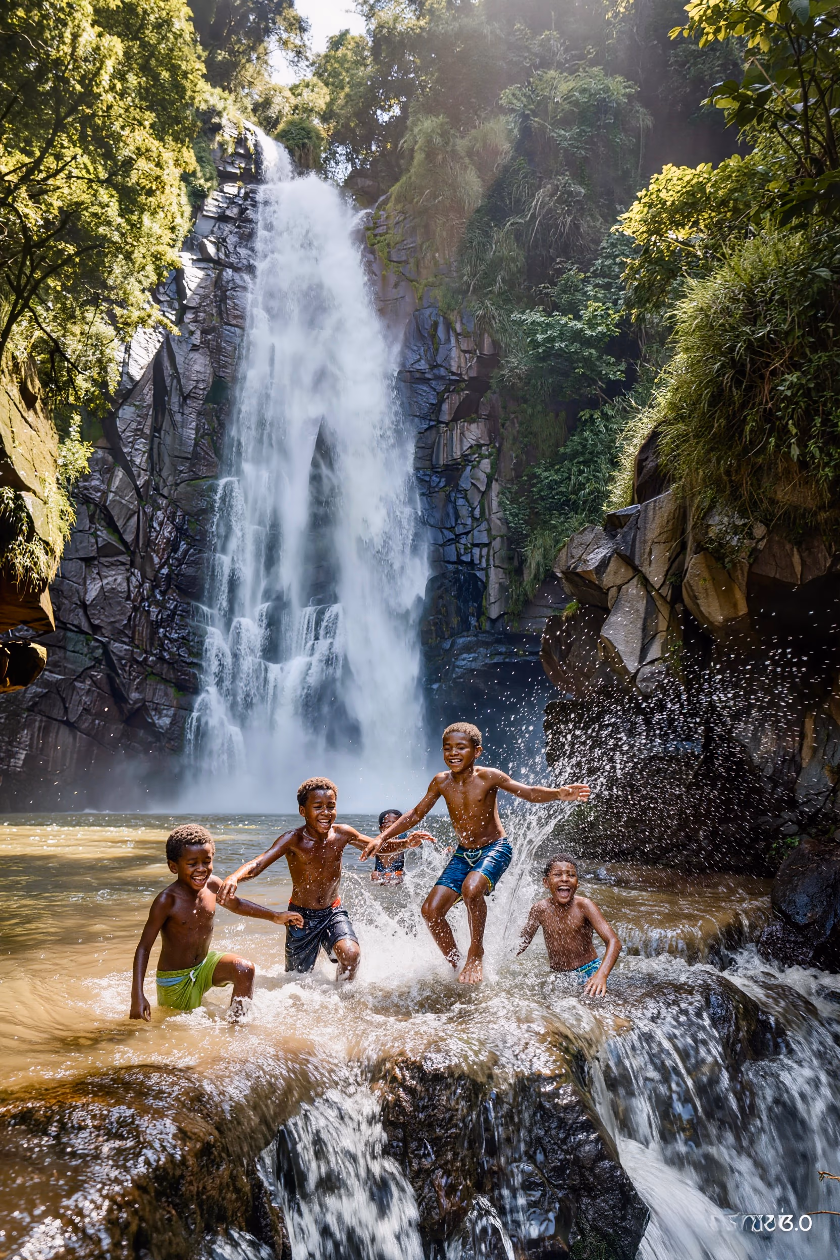 Children play in a waterfall scene representing the Danané landscape.