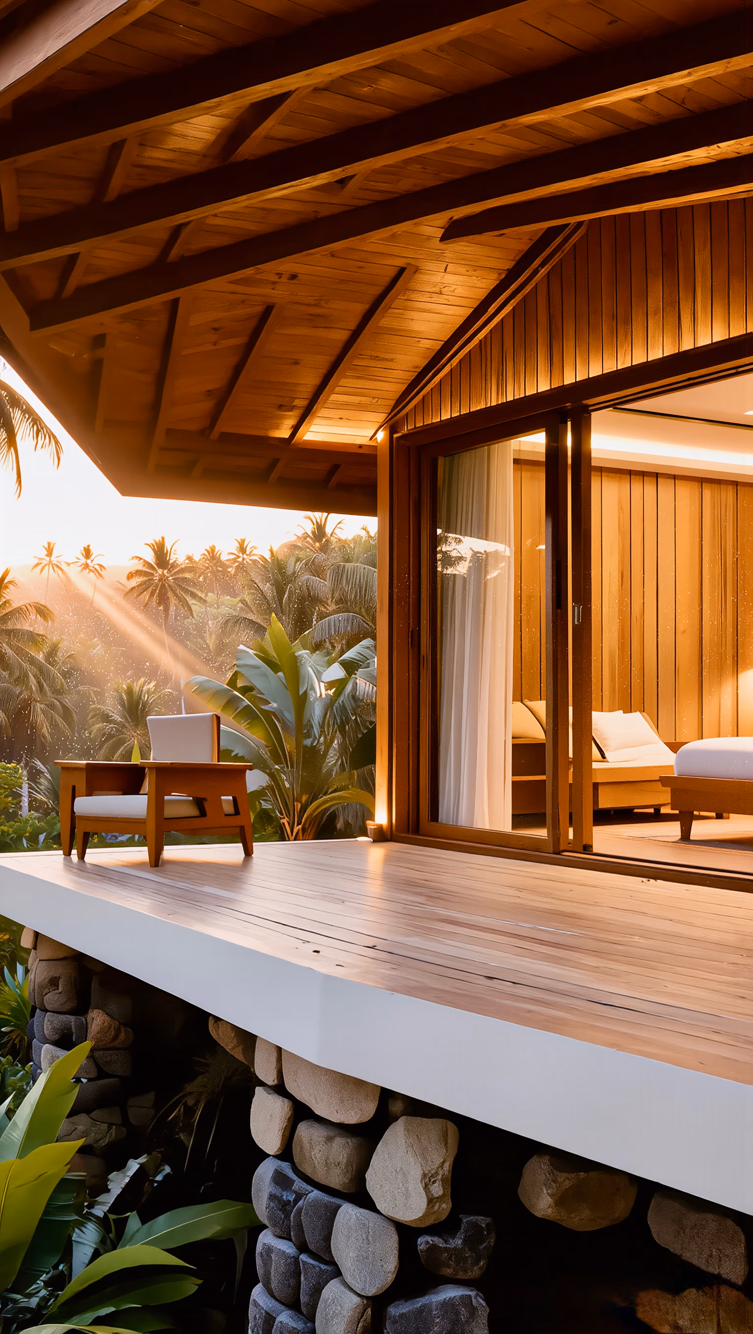 Modern traditional villa with wood, stone, and a tropical terrace.