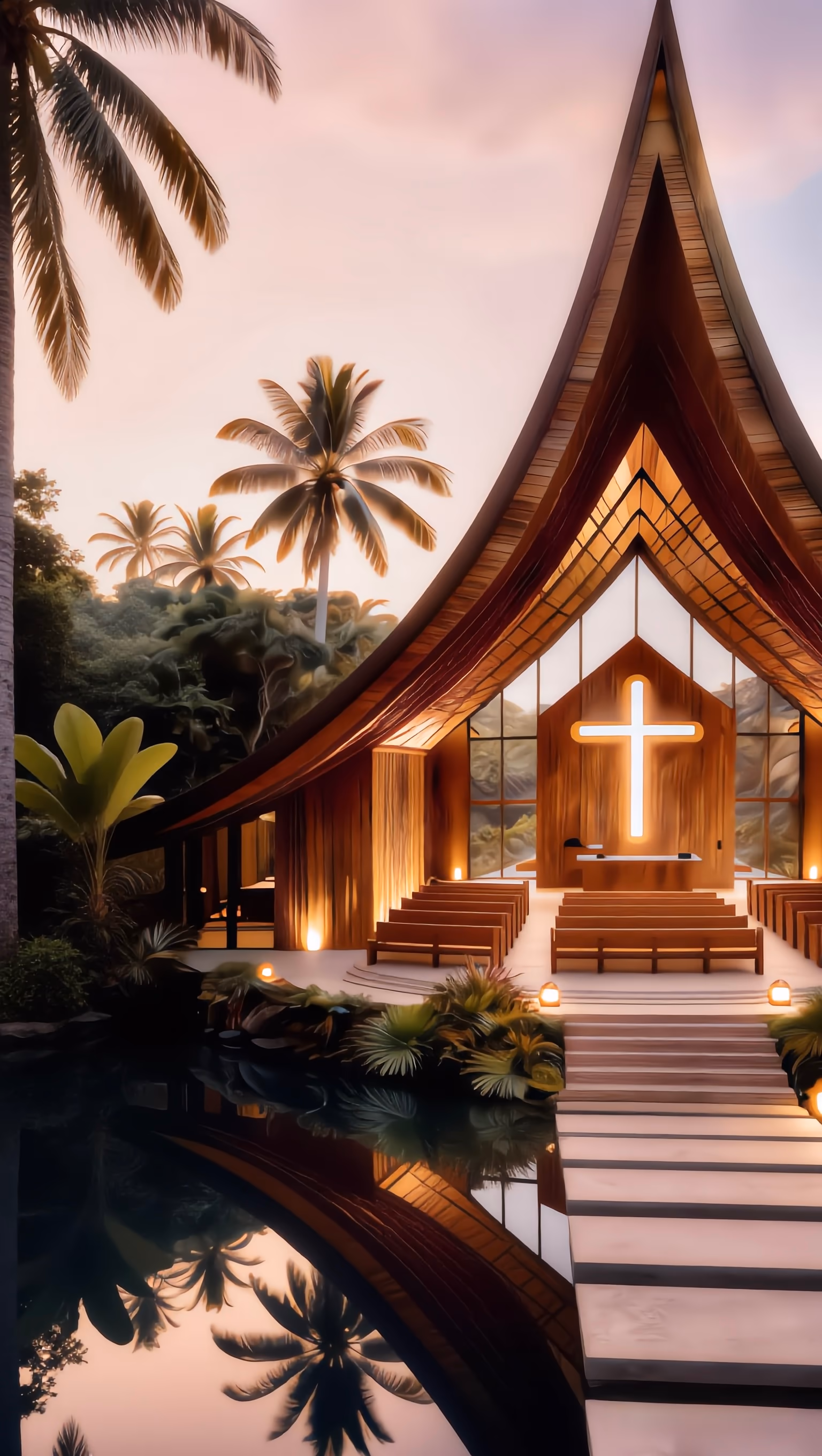 Chapel with a luminous cross, tropical sunset, and reflection pool.
